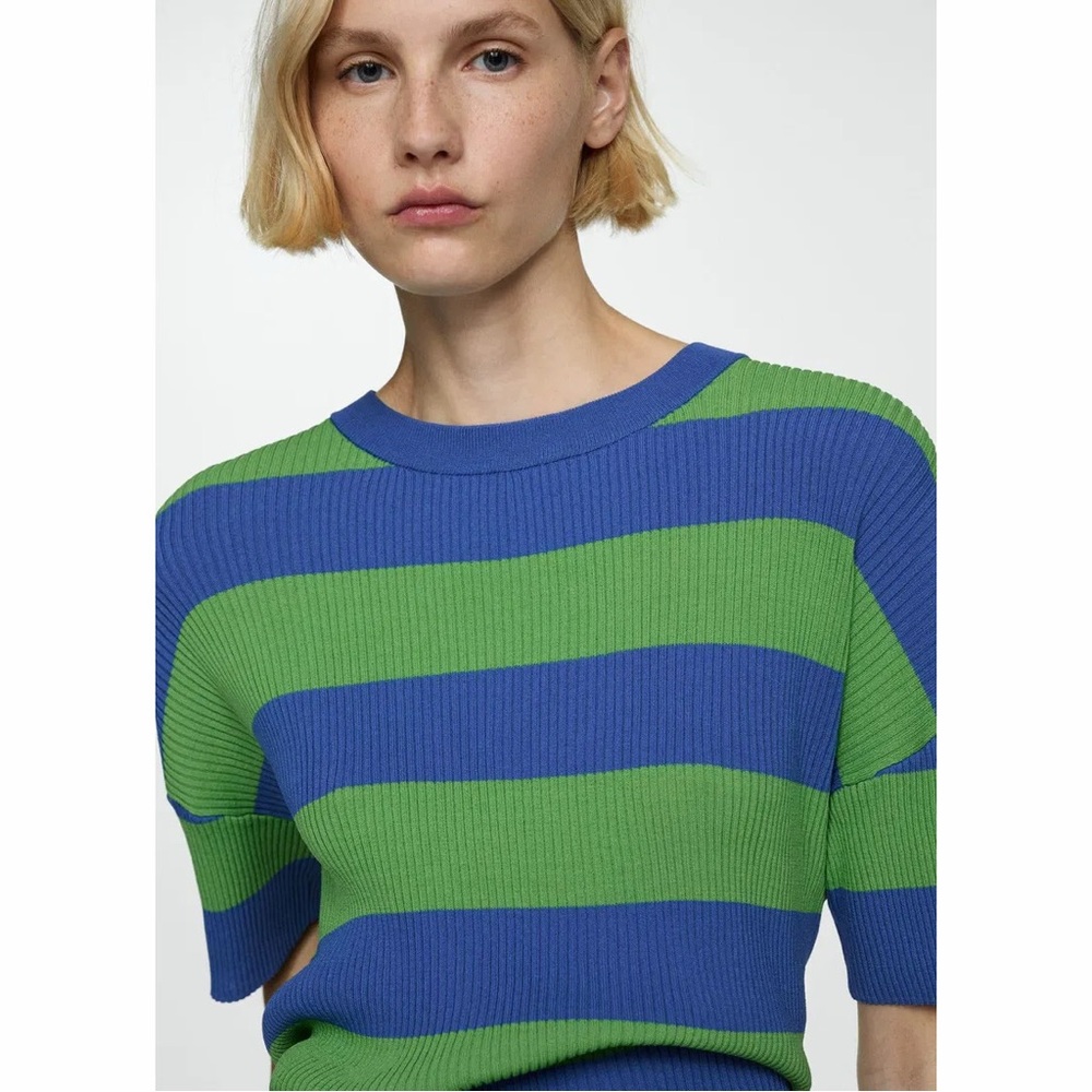 Mango MNG | Gabi Striped Ribbed Knit T-Shirt Crop Top Short Sleeve Sweater